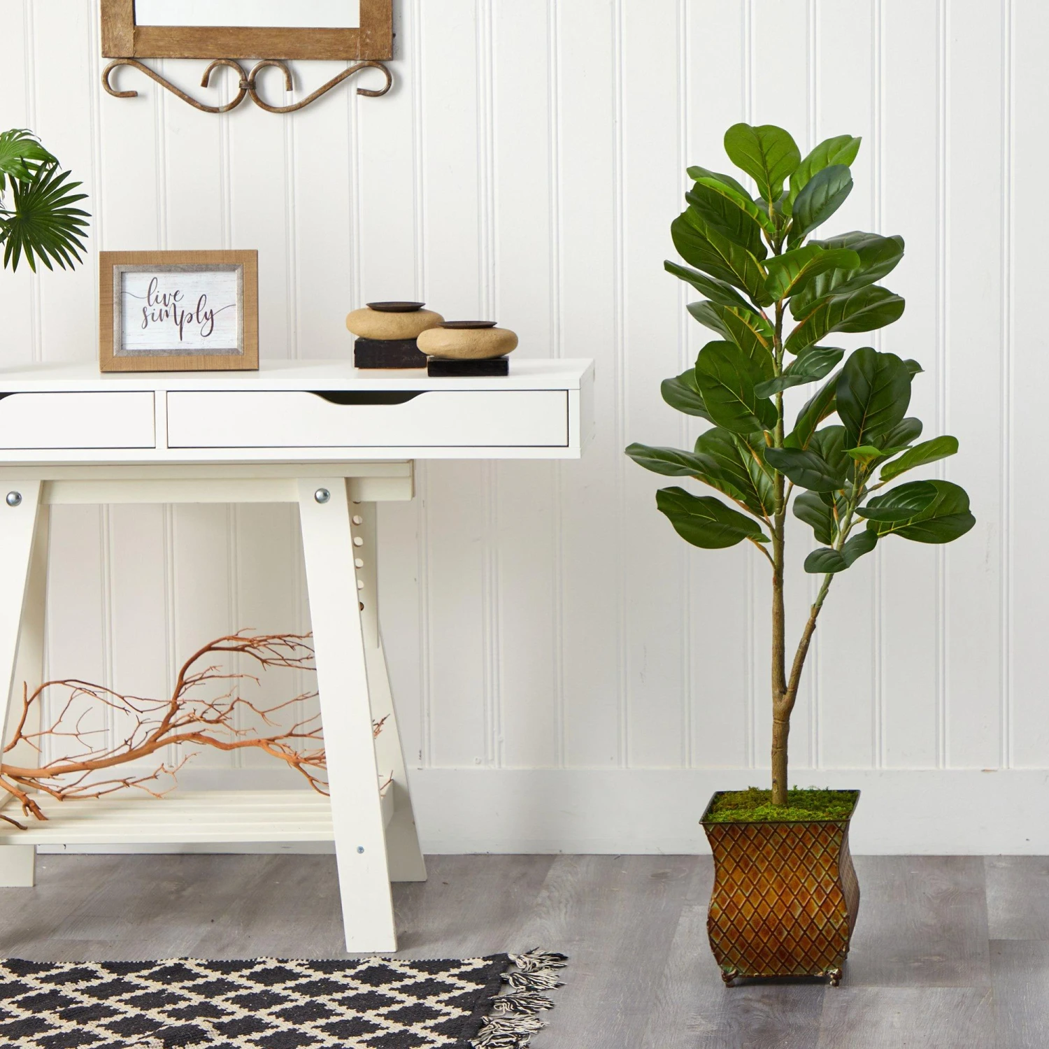 4’ Fiddle Leaf Fig Artificial Tree In Metal Planter With Faux Moss 3 4’ Fiddle Leaf Fig Artificial Tree In Metal Planter With Faux Moss - Image 3