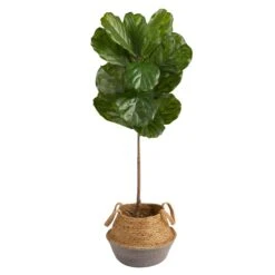 4’ Fiddle Leaf Tree In Boho Chic Handmade Cotton & Jute Gray Woven Planter UV Resistant