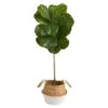 4’ Fiddle Leaf Tree In Boho Chic Handmade Cotton & Jute White Woven Planter UV Resistant
