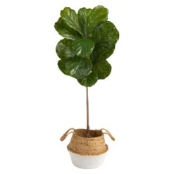 4’ Fiddle Leaf Tree In Boho Chic Handmade Cotton & Jute White Woven Planter UV Resistant
