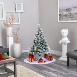 4’ Flocked Oregon Pine Artificial Christmas Tree With 100 Clear Lights And 215 Bendable Branches -Artificial Trees Store artificial 4 flocked oregon pine artificial christmas tree with 100 clear lights and 215 bendable branches nearly natural 543838