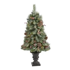 Artificial Trees Store 16 4’ Frosted Pine, Pinecone And Berries Artificial Christmas Tree With 100 Clear LED Lights In Decorative Urn