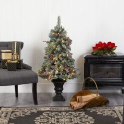 4’ Frosted Pine, Pinecone And Berries Artificial Christmas Tree With 100 Clear LED Lights In Decorative Urn -Artificial Trees Store artificial 4 frosted pine pinecone and berries artificial christmas tree with 100 clear led lights in decorative urn nearly natural 568521