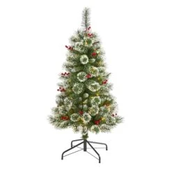 4’ Frosted Swiss Pine Artificial Christmas Tree With 100 Clear LED Lights And Berries