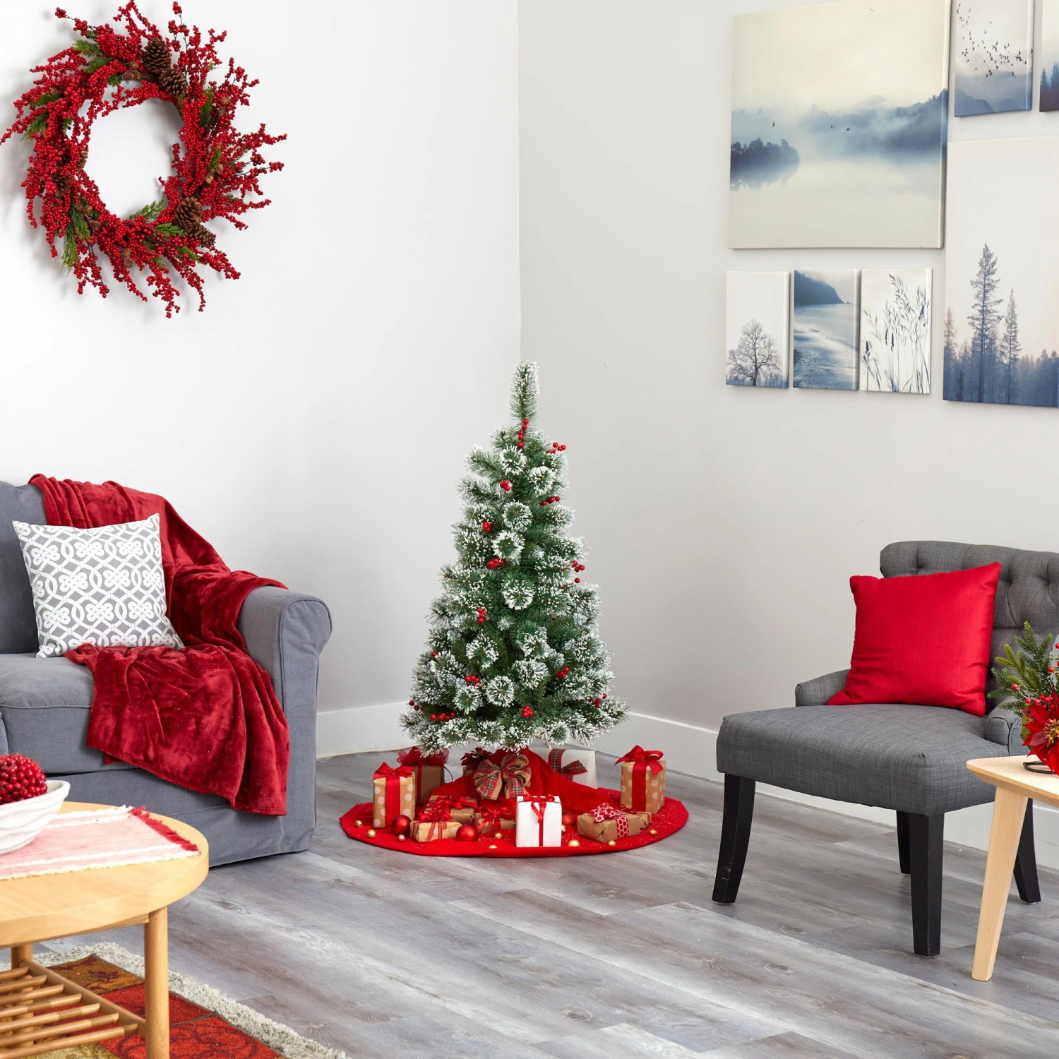 4’ Frosted Swiss Pine Artificial Christmas Tree With 100 Clear LED Lights And Berries 7 4’ Frosted Swiss Pine Artificial Christmas Tree With 100 Clear LED Lights And Berries - Image 7