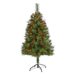 4’ Mixed Pine Artificial Christmas Tree With 100 Clear LED Lights, Pine Cones And Berries