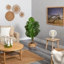 4’ Monstera Tree In Boho Chic Handmade Cotton & Jute Gray Woven Planter UV Resistant -Artificial Trees Store artificial 4 monstera tree in boho chic handmade cotton jute gray woven planter uv resistant nearly natural 344211