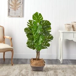 4’ Monstera Tree In Boho Chic Handmade Cotton & Jute Gray Woven Planter UV Resistant -Artificial Trees Store artificial 4 monstera tree in boho chic handmade cotton jute gray woven planter uv resistant nearly natural 909886
