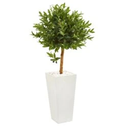 4’ Olive Topiary Artificial Tree In White Planter(Indoor/Outdoor)