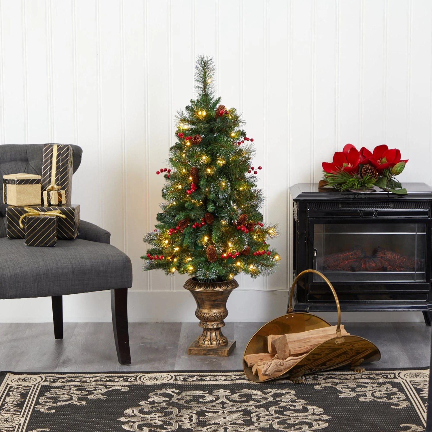 4’ Pine, Pinecone And Berries Artificial Christmas Tree With 100 Clear LED Lights In Decorative Urn 6 4’ Pine, Pinecone And Berries Artificial Christmas Tree With 100 Clear LED Lights In Decorative Urn - Image 6