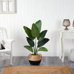 4’ Travelers Palm Artificial Tree In Boho Chic Handmade Cotton & Jute Black Woven Planter -Artificial Trees Store artificial 4 travelers palm artificial tree in boho chic handmade cotton jute black woven planter nearly natural 953921