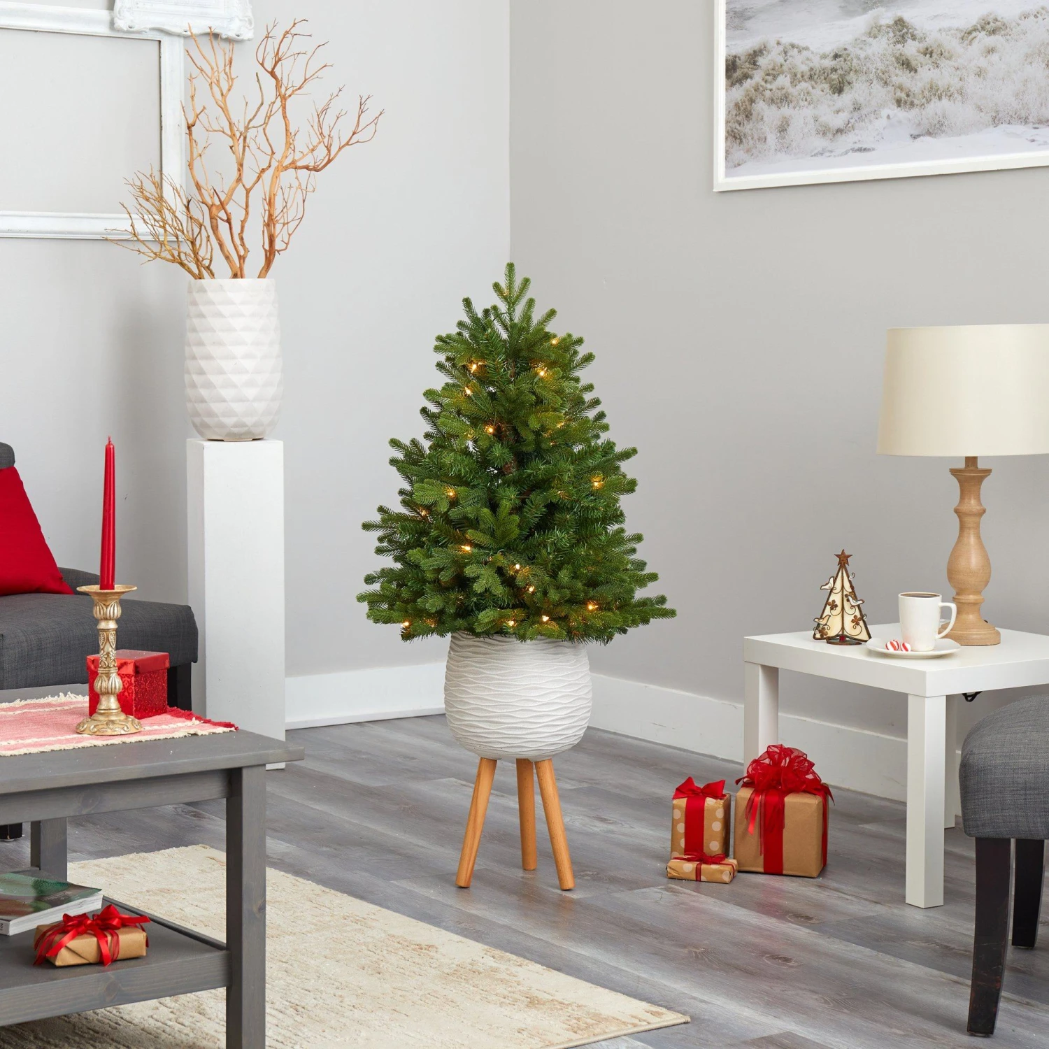 4’ Washington Fir Artificial Christmas Tree With 50 Clear Lights In White Planter With Decorative Planter Stand 8 4’ Washington Fir Artificial Christmas Tree With 50 Clear Lights In White Planter With Decorative Planter Stand - Image 8