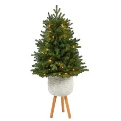 4’ Washington Fir Artificial Christmas Tree With 50 Clear Lights In White Planter With Decorative Planter Stand