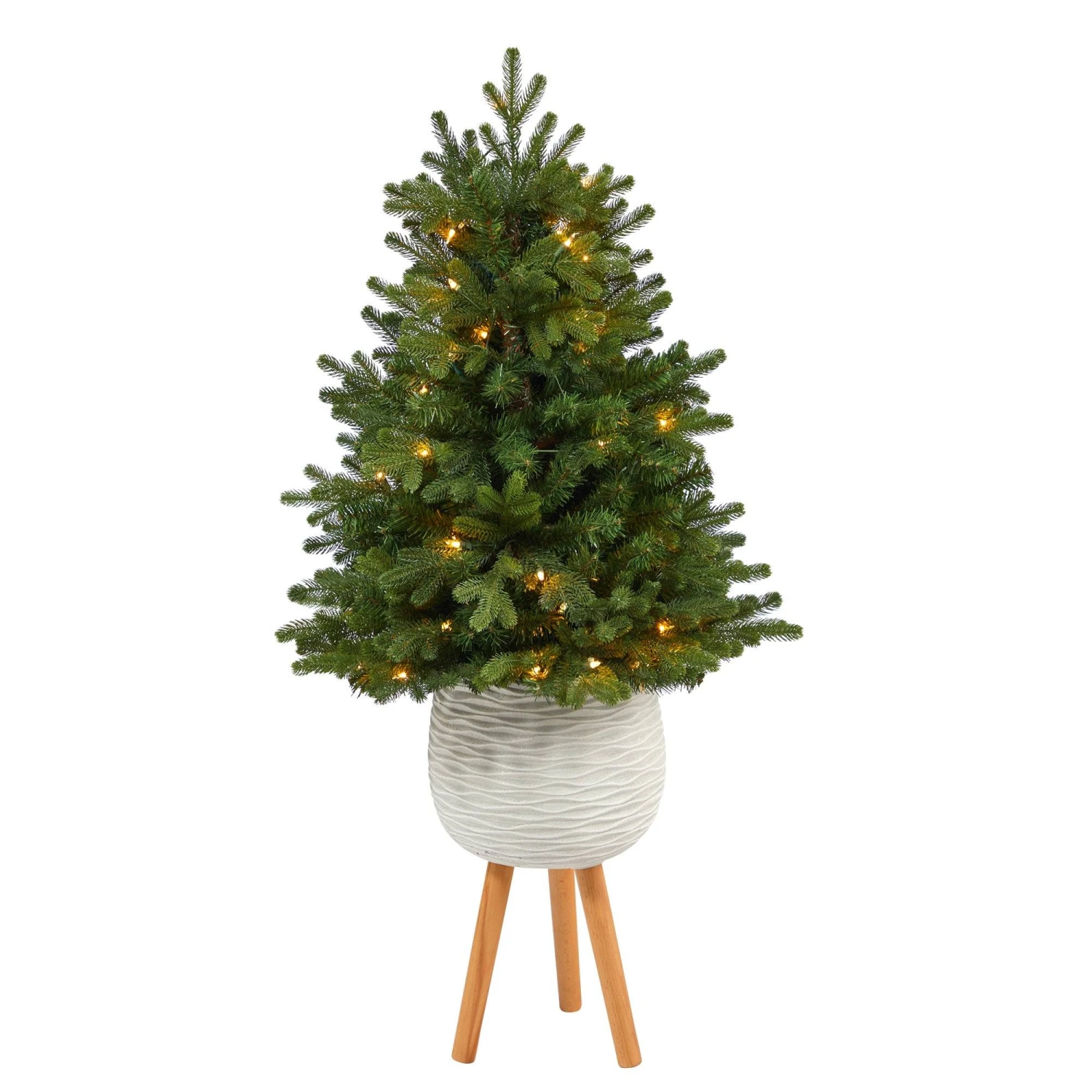 4’ Washington Fir Artificial Christmas Tree With 50 Clear Lights In White Planter With Decorative Planter Stand 1 4’ Washington Fir Artificial Christmas Tree With 50 Clear Lights In White Planter With Decorative Planter Stand