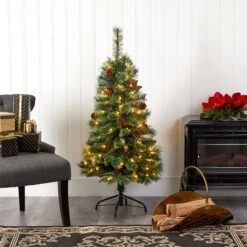 4’ White Mountain Pine Artificial Christmas Tree With 100 Clear LED Lights And Pine Cones -Artificial Trees Store artificial 4 white mountain pine artificial christmas tree with 100 clear led lights and pine cones nearly natural 136966