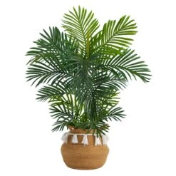 40” Areca Palm Tree In Boho Chic Handmade Natural Cotton Woven Planter With Tassels UV Resistant