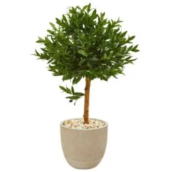 40” Olive Topiary Artificial Tree In Sand Stone Planter(Indoor/Outdoor)