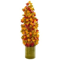41” Autumn Maple Artificial Tree In Green Metal Planter