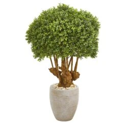 41” Boxwood Artificial Topiary Tree In Sandstone Planter (Indoor/Outdoor)
