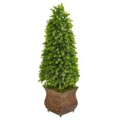 41” Eucalyptus Cone Topiary Artificial Tree In Classic Planter (Indoor/Outdoor)