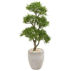 43” Bonsai Styled Podocarpus Artificial Tree In Sandstone Planter