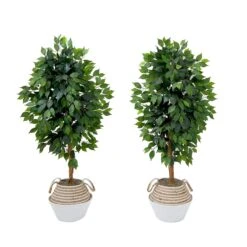 4.5' Artificial Ficus Tree With Double Trunk In A Handmade Cotton & Jute Basket DIY KIT - Set Of 2