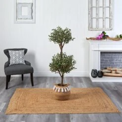 4.5' Artificial Olive Double Topiary With Handmade Jute & Cotton Basket With Tassels -Artificial Trees Store artificial 45 artificial olive double topiary 5 artificial bougainvillea tree with handmade jute cotton basket with tassels plant in planter nearly natural 174824