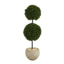 45” Boxwood Double Ball Artificial Topiary Tree In Sand Colored Planter (Indoor/Outdoor)