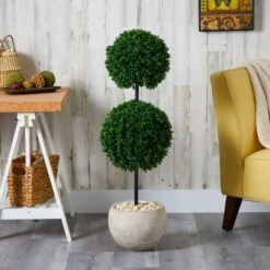 45” Boxwood Double Ball Artificial Topiary Tree In Sand Colored Planter (Indoor/Outdoor) 5 45” Boxwood Double Ball Artificial Topiary Tree In Sand Colored Planter (Indoor/Outdoor) -Artificial Trees Store artificial 45 boxwood double ball artificial topiary tree in sand colored planter uv resistant indooroutdoor nearly natural 608745