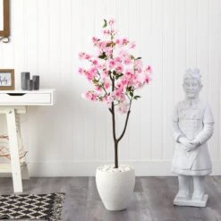4.5’ Cherry Blossom Artificial Tree In White Planter -Artificial Trees Store artificial 45 cherry blossom artificial tree in white planter nearly natural 471857