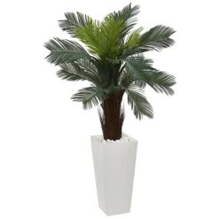 4.5’ Cycas Artificial Plant In White Tower Planter Indoor/Outdoor