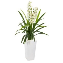 4.5’ Cymbidium Orchid Artificial Plant In White Tower Planter