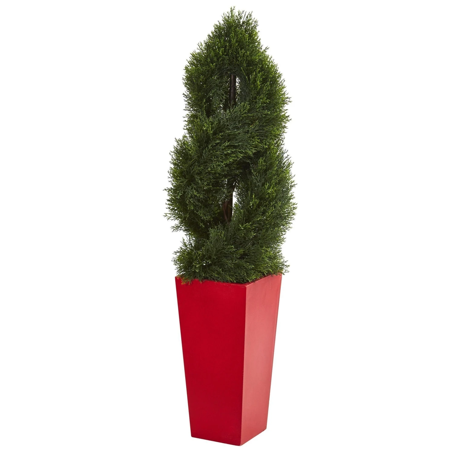 4.5’ Double Pond Cypress Spiral Artificial Tree In Red Planter (Indoor/Outdoor) 1 4.5’ Double Pond Cypress Spiral Artificial Tree In Red Planter (Indoor/Outdoor)