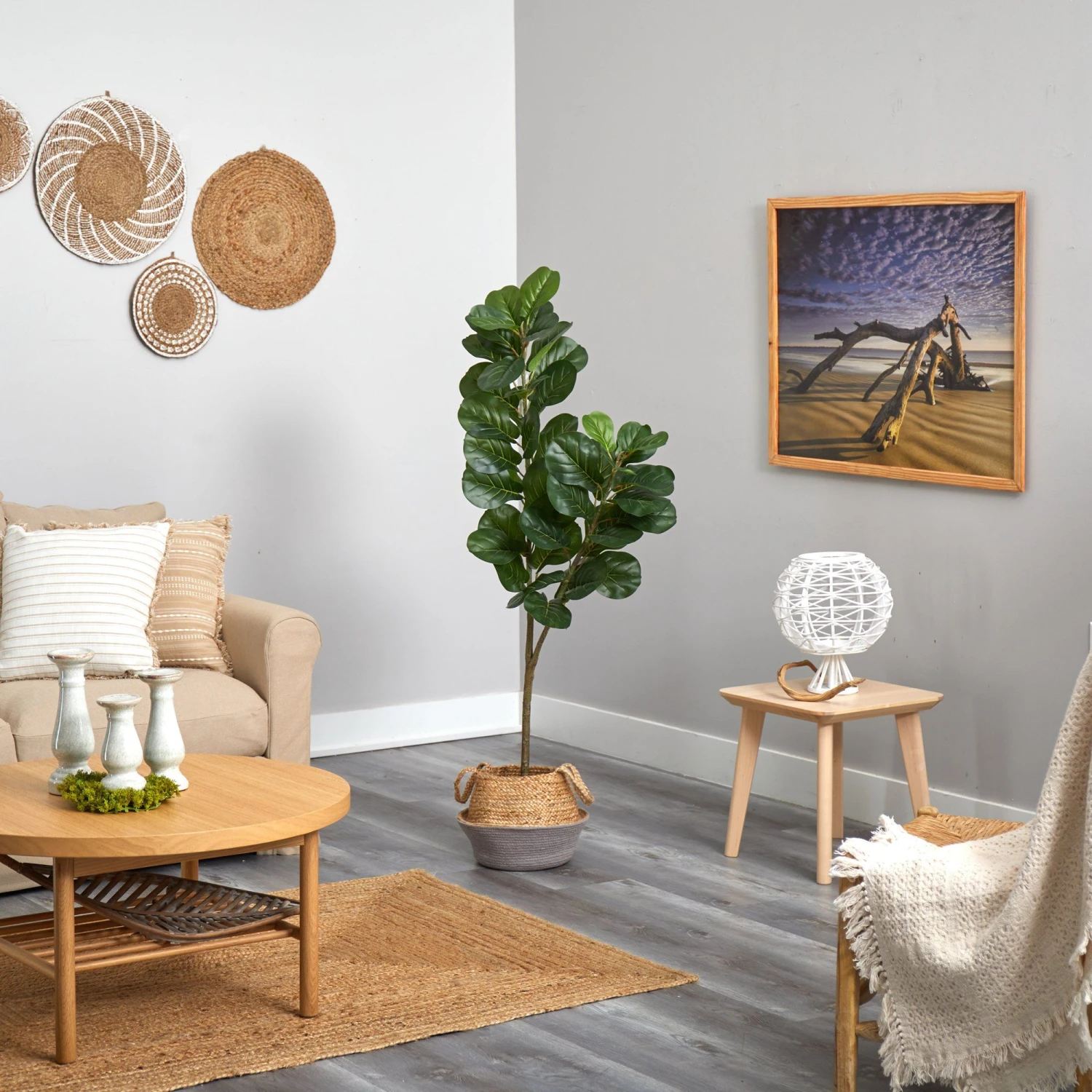 4.5’ Fiddle Leaf Fig Artificial Tree With Boho Chic Handmade Cotton And Jute White Woven Planter 4 4.5’ Fiddle Leaf Fig Artificial Tree With Boho Chic Handmade Cotton And Jute White Woven Planter - Image 4