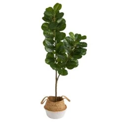 4.5’ Fiddle Leaf Fig Artificial Tree With Boho Chic Handmade Cotton & Jute White Woven Planter