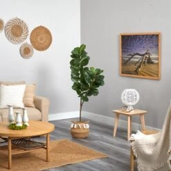 4.5’ Fiddle Leaf Fig Tree With Boho Chic Handmade Natural Cotton Woven Planter With Tassels -Artificial Trees Store artificial 45 fiddle leaf fig tree with boho chic handmade natural cotton woven planter with tassels nearly natural 949962