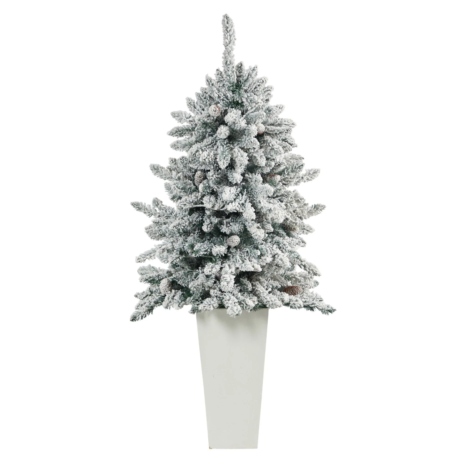 4.5’ Flocked Livingston Fir Artificial Christmas Tree With Pine Cones And 150 Clear Warm LED Lights In Tall White Planter 9 4.5’ Flocked Livingston Fir Artificial Christmas Tree With Pine Cones And 150 Clear Warm LED Lights In Tall White Planter - Image 9