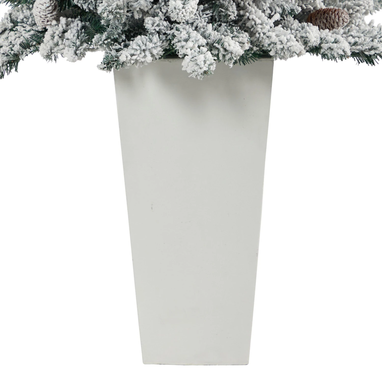 4.5’ Flocked Livingston Fir Artificial Christmas Tree With Pine Cones And 150 Clear Warm LED Lights In Tall White Planter 12 4.5’ Flocked Livingston Fir Artificial Christmas Tree With Pine Cones And 150 Clear Warm LED Lights In Tall White Planter - Image 12
