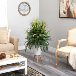 4.5’ Mixed Greens Artificial Plant In White Planter With Legs 7 4.5’ Mixed Greens Artificial Plant In White Planter With Legs -Artificial Trees Store artificial 45 mixed greens artificial plant in white planter with legs nearly natural 469295