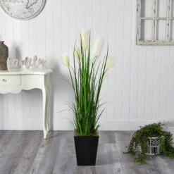 4.5’ Wheat Plum Grass Artificial Plant In Black Metal Planter -Artificial Trees Store artificial 45 wheat plum grass artificial plant in black metal planter nearly natural 103113