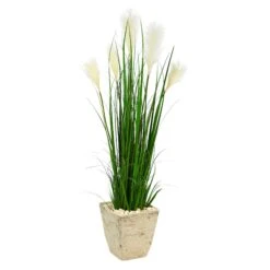 4.5’ Wheat Plum Grass Artificial Plant In Country White Planter