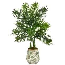 46” Areca Palm Artificial Tree In Floral Print Planter (Real Touch)
