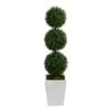46” Boxwood Triple Ball Topiary Artificial Tree In White Metal Planter (Indoor/Outdoor)