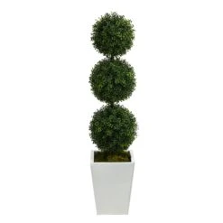 46” Boxwood Triple Ball Topiary Artificial Tree In White Metal Planter (Indoor/Outdoor)
