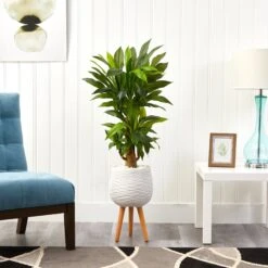 46” Corn Stalk Dracaena Artificial Plant In White Planter With Stand (Real Touch) -Artificial Trees Store artificial 46 corn stalk dracaena artificial plant in white planter with stand real touch nearly natural 466541