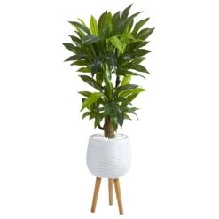 46” Corn Stalk Dracaena Artificial Plant In White Planter With Stand (Real Touch)