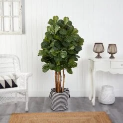 5’ Fiddle Leaf Fig Artificial Tree In Handmade Black And White Natural Jute And Cotton Planter -Artificial Trees Store artificial 5 fiddle leaf fig artificial tree in handmade black and white natural jute and cotton planter nearly natural 263982