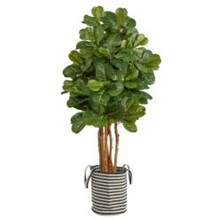 5’ Fiddle Leaf Fig Artificial Tree In Handmade Black And White Natural Jute And Cotton Planter