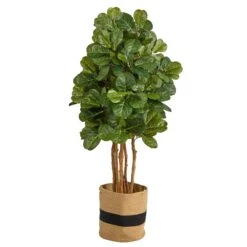 5’ Fiddle Leaf Fig Artificial Tree In Handmade Natural Cotton Planter