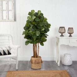 5’ Fiddle Leaf Fig Artificial Tree In Handmade Natural Jute Planter With Tassels -Artificial Trees Store artificial 5 fiddle leaf fig artificial tree in handmade natural jute planter with tassels nearly natural 232558